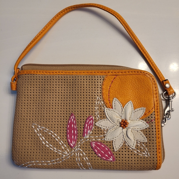 FOSSIL CLUTCH "Flower & Sunshine" Light Brown Leather w/ Pink, Orange, & Cream - Picture 12 of 12
